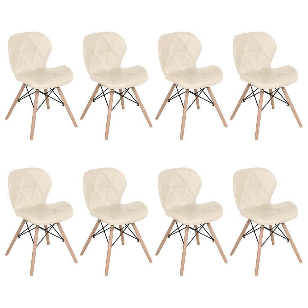 Kit 8 Cadeiras Estofadas Charles Eames Eiffel Slim Wood Confort Creme