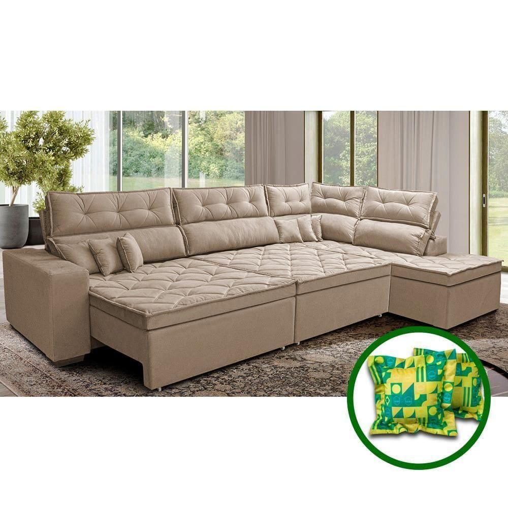 Sofá De Canto Retrátil E Reclinável Direito 3,40x2,36m Molas Cama Inbox Espanha Velusoft Bege
