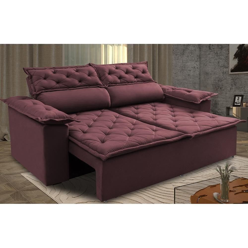 Sofá Retrátil E Reclinável Cama Inbox Compact 1,50m Tecido Suede Velusoft Vinho