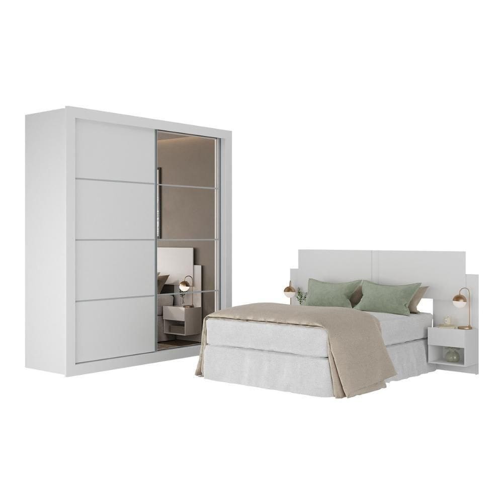 Guarda Roupas Casal Espelho E Cabeceira Com 2 Mesas De Cabeceira Multimóveis MP4327 Branco