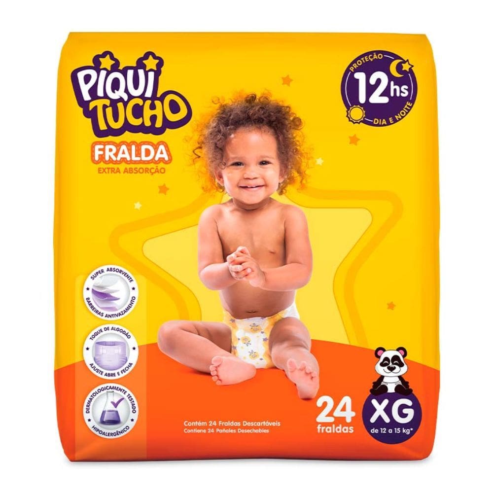 Fralda Infantil Descartável Piquitucho Dia e Noite Tamanho XG com 24 Fraldas