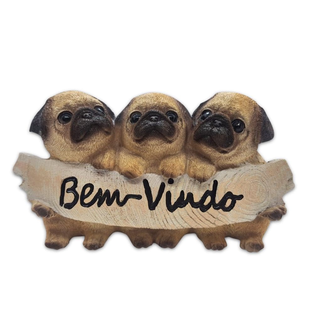 Enfeite Trio de Pug Placa de Bem Vindo em Resina 10 cm