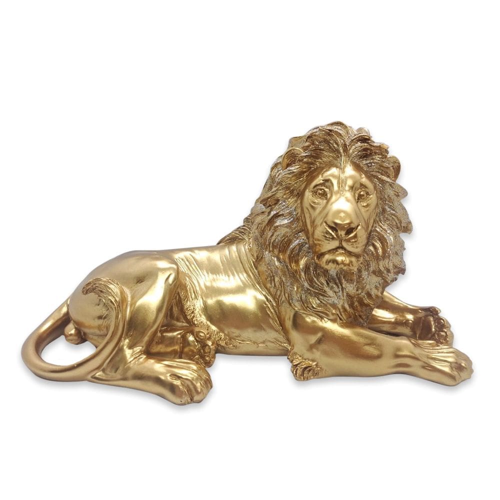 Estatua Enfeite de Resina Leão Dourado Brilhante Força 19 cm