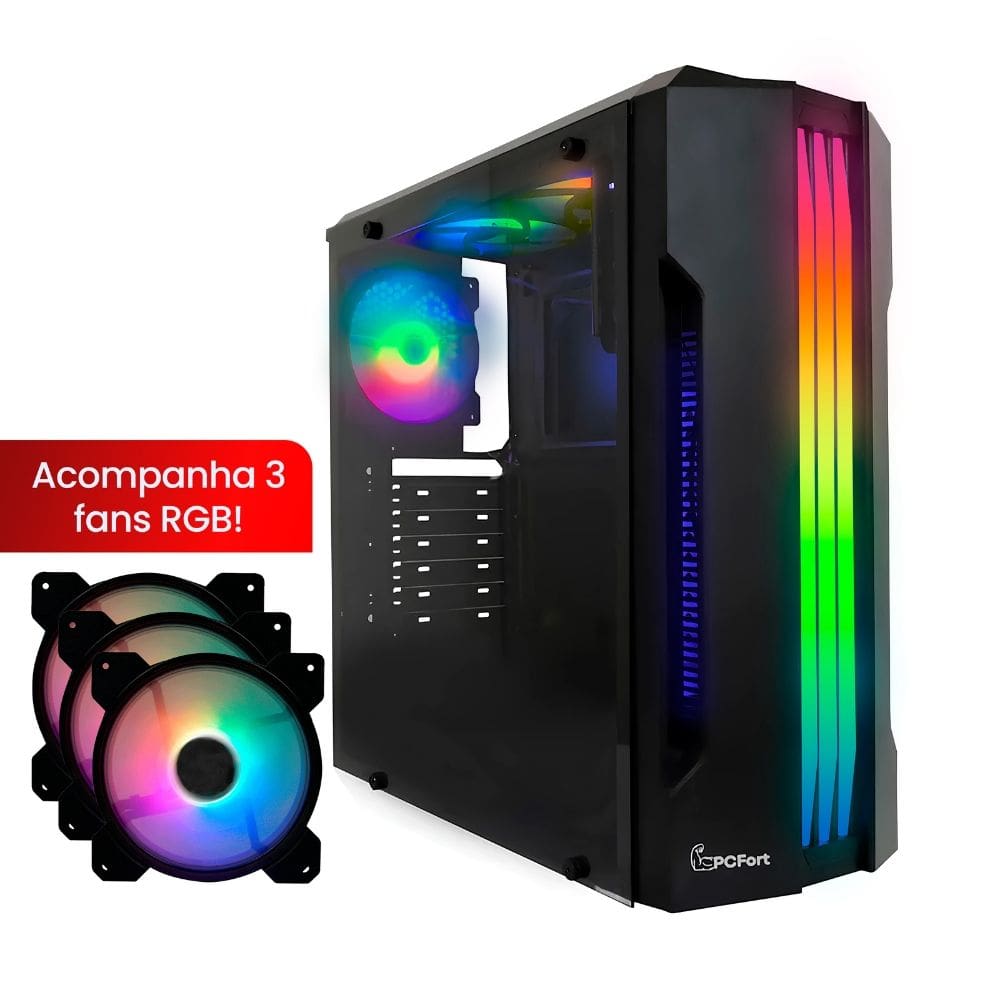 Gabinete Gamer PCFort Lines RGB com 3 fans RGB, ATX Preto - AC-4340-2