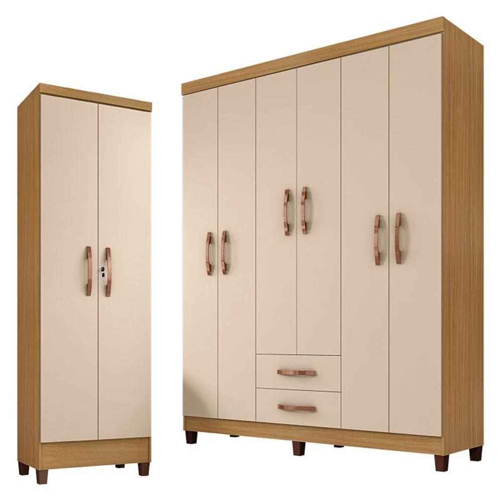 Guarda Roupa Casal Modena 6 Portas e Armário Multiuso Egito Carvalho Americano Off White - Incorplac