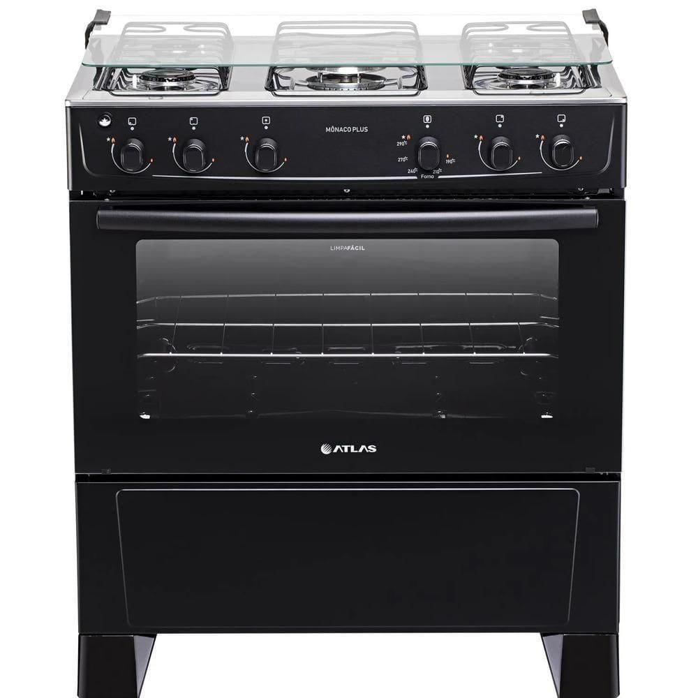 Fogão 5 Bocas Atlas Mônaco Plus Preto Com Mesa Inox Bivolt
