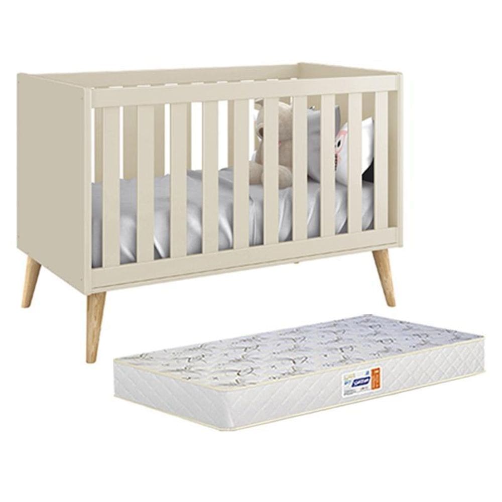 Berço Americano Theo com Pés Madeira Natural e Colchão D18 - Reller Móveis