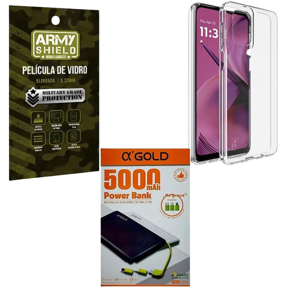 Capa Capinha Transparente Para Moto G75 + Power Bank 5000 + Pelicula de Vidro 3D Armyshield