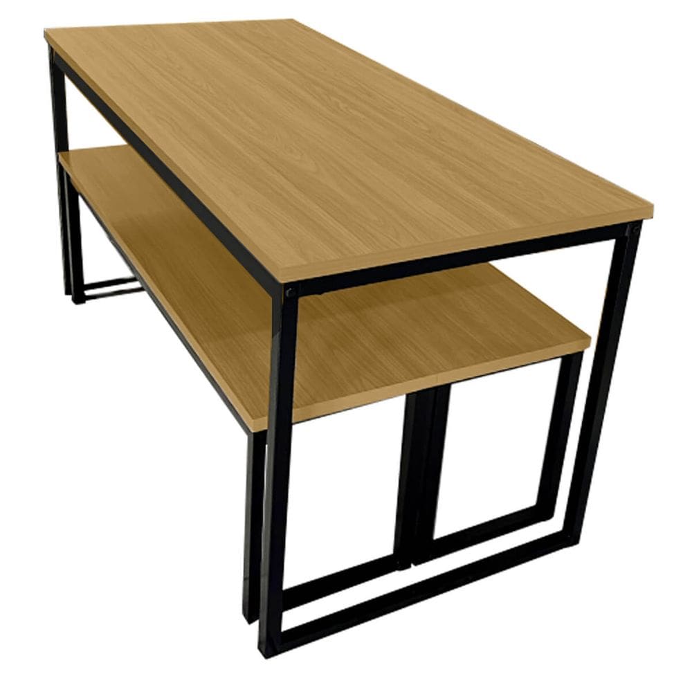 Conjunto para Refeitório Estilo Industrial Mesa com 2 Bancos Separados Nogal/Preto