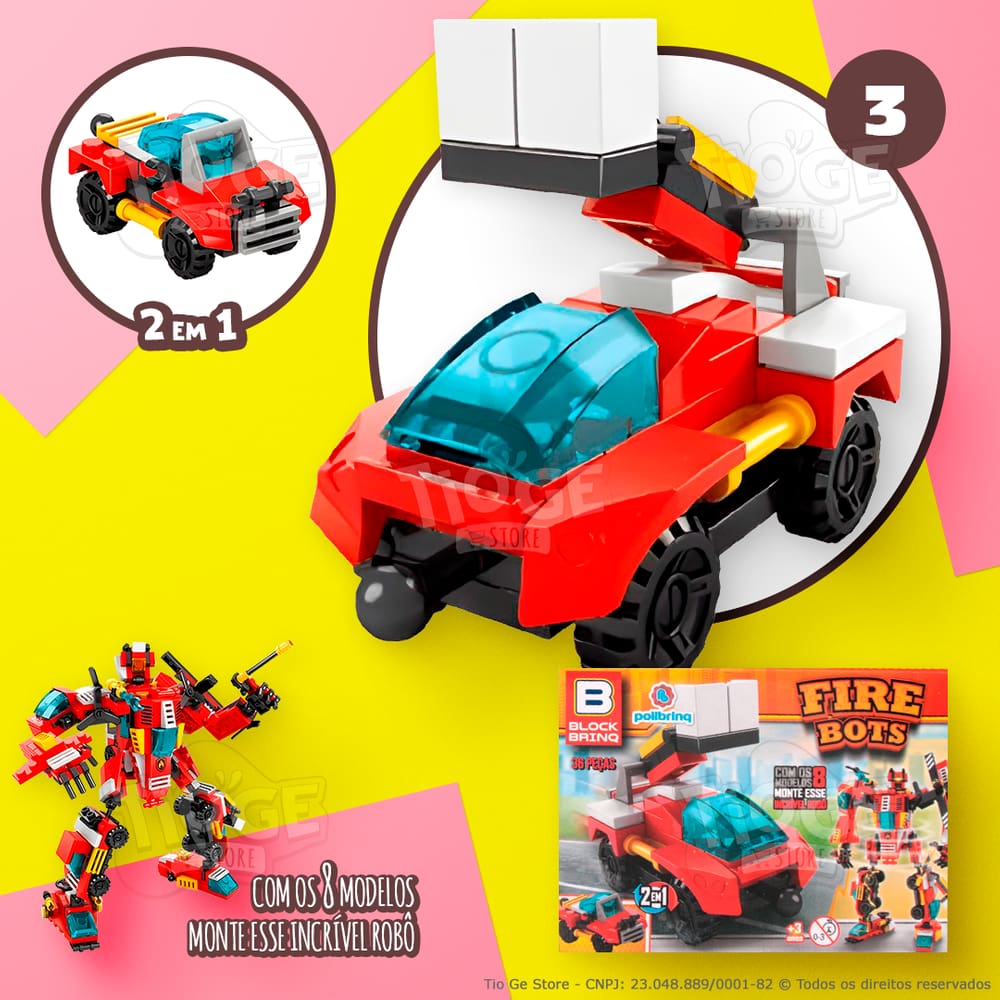 Blocos de Montar e Desmontar Fire Bots (Nº 3) Caminhão Elevador Bombeiros 2 em 1 Robô Transformers Block Brinq 36 Peças