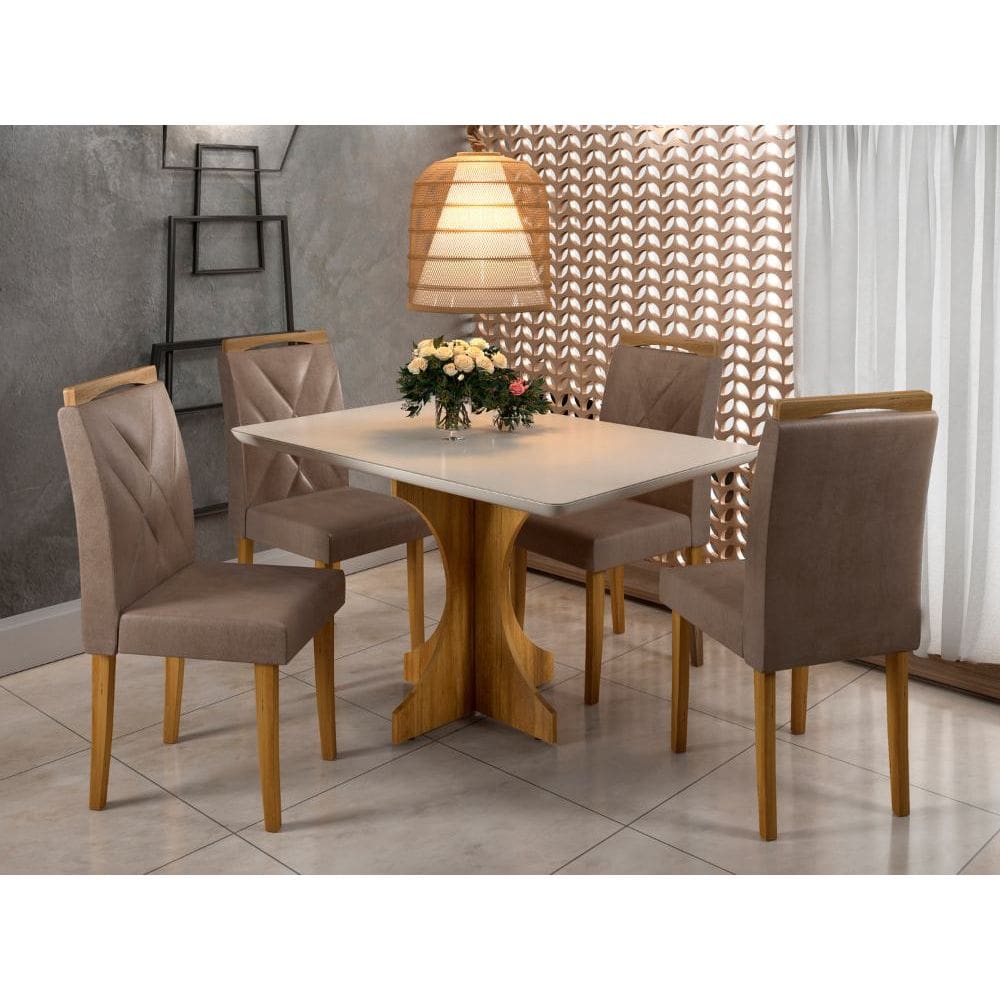 Mesa de Jantar Londres 0.90x0.90 Com 4 Cadeiras Califórnia – Cinamomo/Off White/Avelã