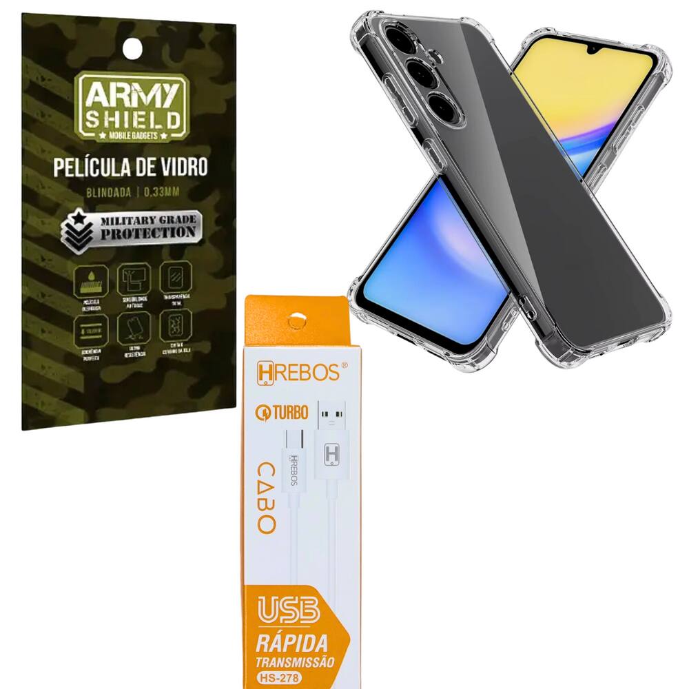 Capa Capinha Transparente Para Galaxy A16 + Cabo Tipo-C 2 Metros + Pelicula de Vidro 3D Armyshield