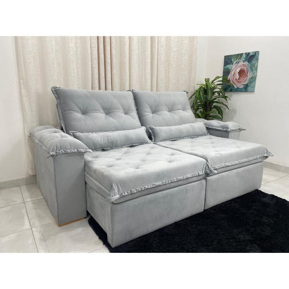 Sofá Retrátil Reclinável 5 lugares 2.50m Valência - Prata Veludo