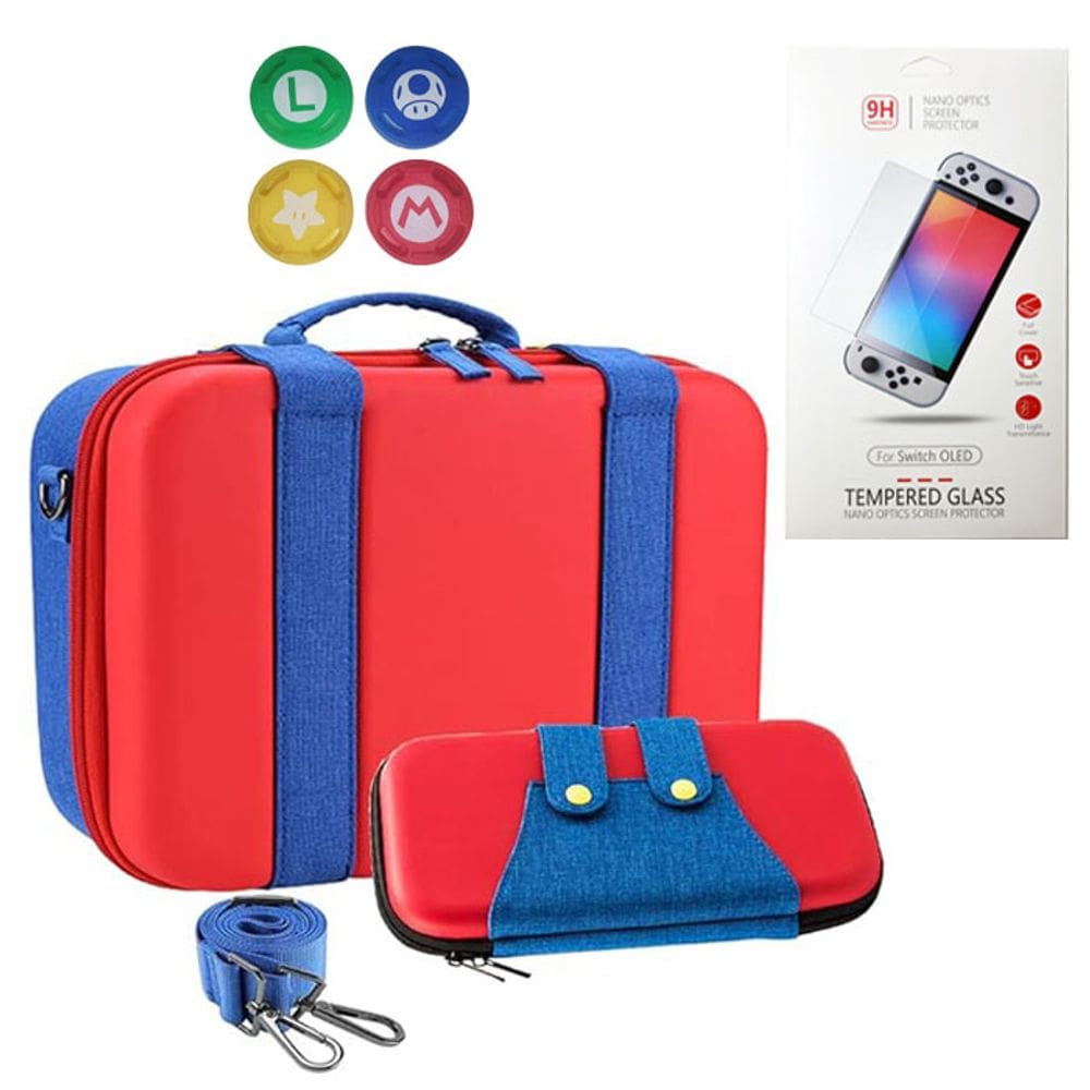 Kit Bolsa E Case 2 em 1, Película De Vidro Premium, 4 Grips Para Analógicos Compatível Com Nintendo Switch Oled