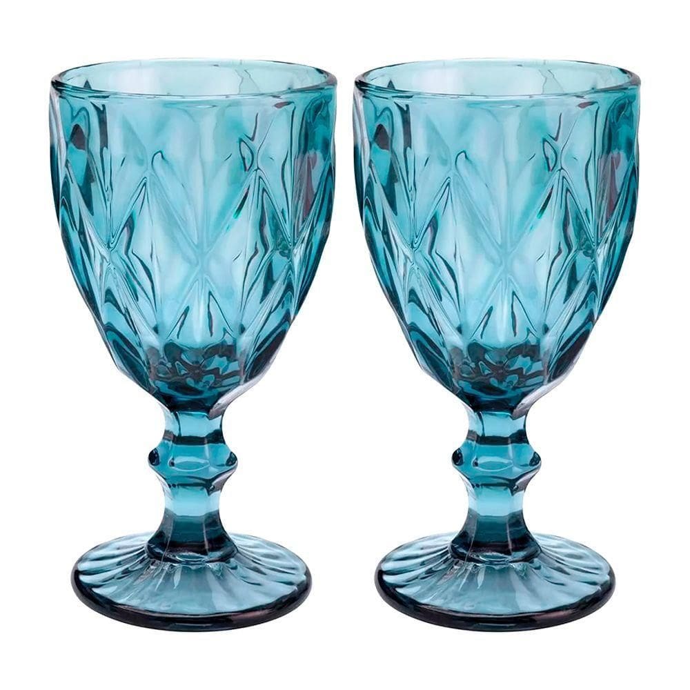 Jogo 2 Taças De Vidro Diamond Diamante Azul 300ml água Class Home