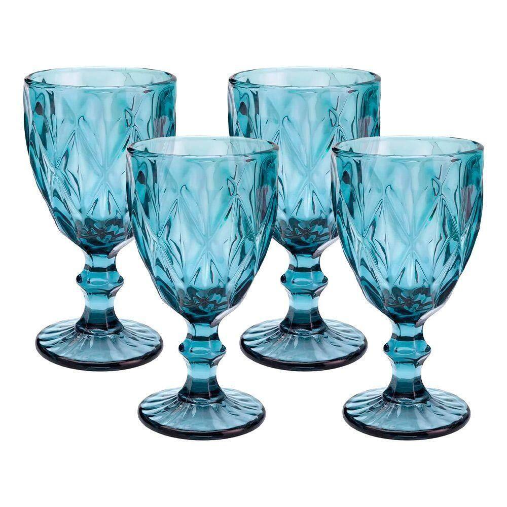Jogo 4 Taças De Vidro Diamond Diamante Azul 300ml água Class Home