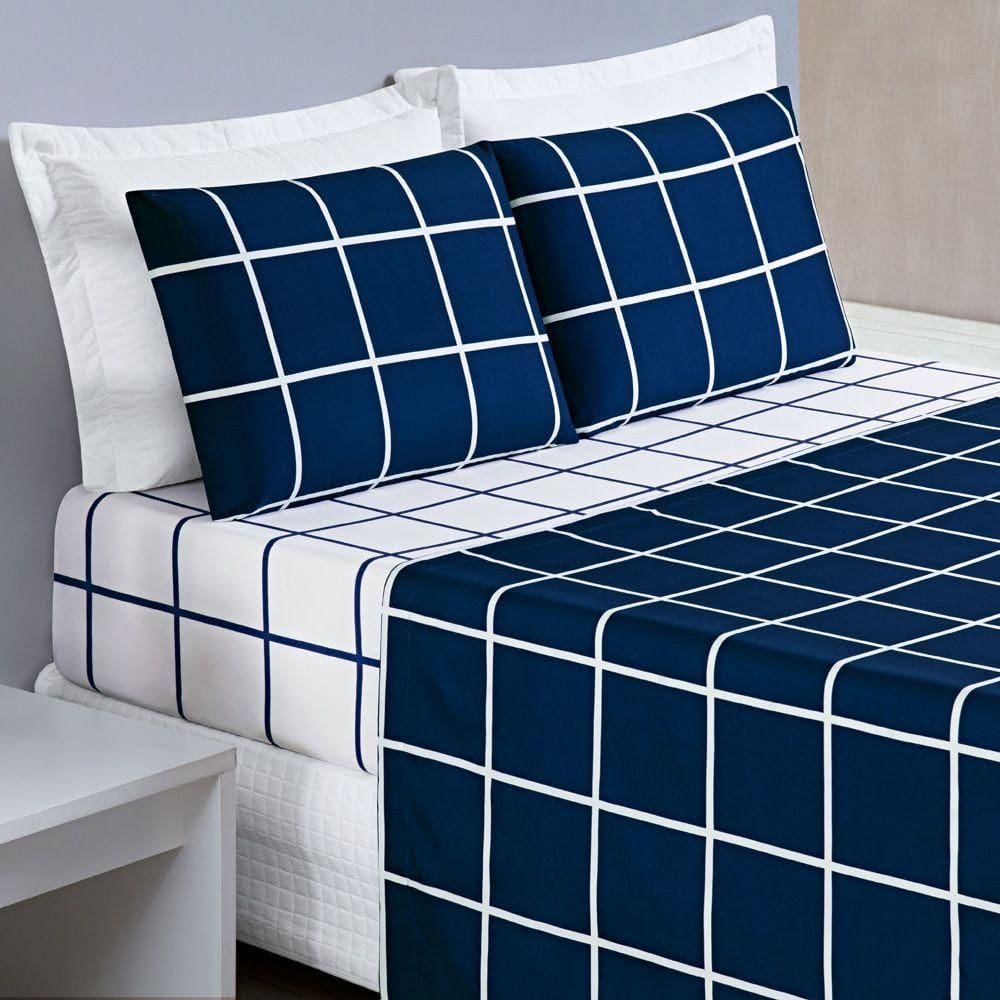 Jogo Cama Lençol Queen 200 Fios 4 Peças Azul Marinho