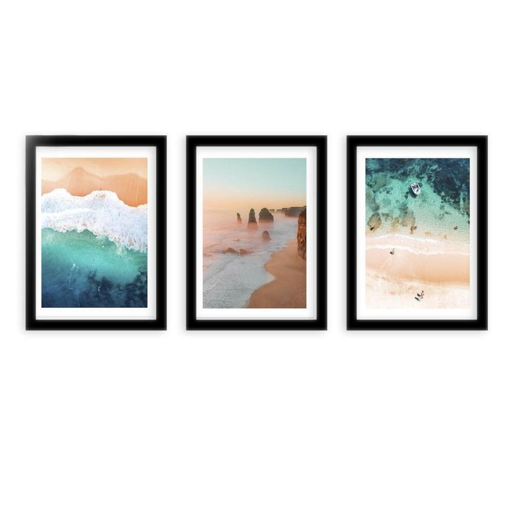 Kit 3 Quadros Moldura Branca Mar Paisagem Montanha