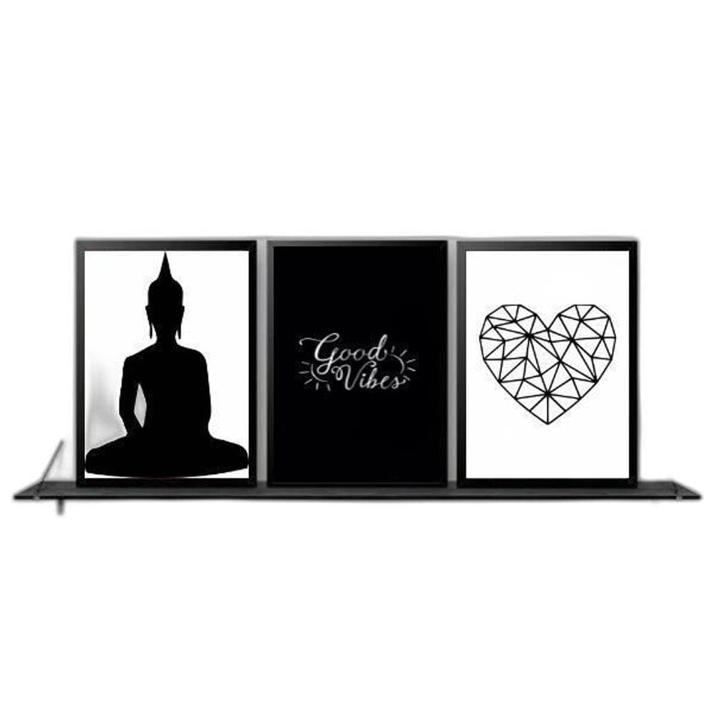 Kit 3 Quadros Zen Buda Good Vibes 45X34 C/Vidro - Preta