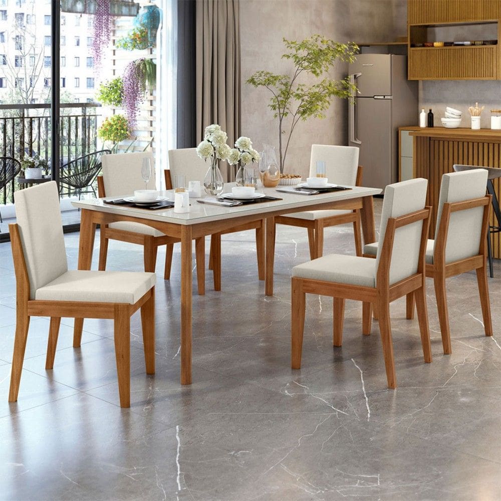 Mesa de Jantar 6 Lugares Monalisa Lady com Vidro Marrom Naturall/Off White - Nesher