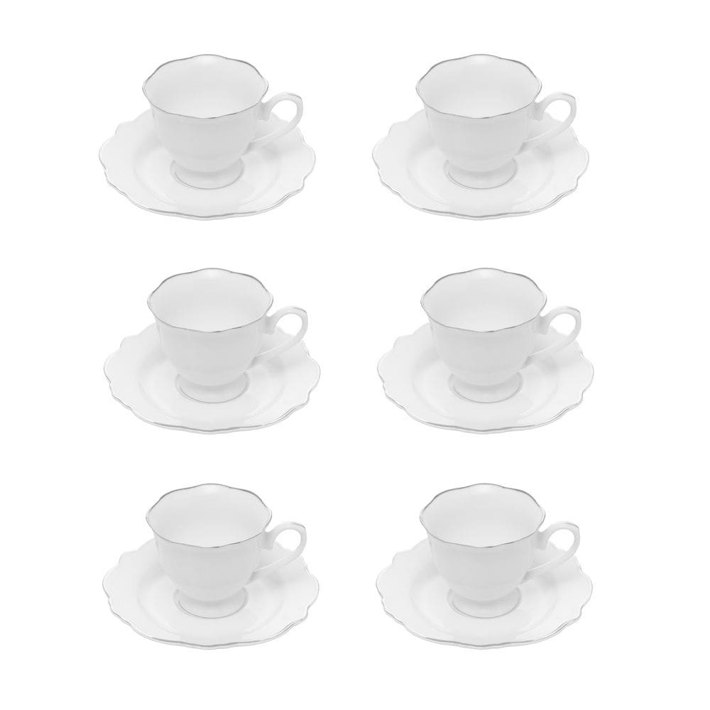 Cj 6 Xícaras P/Café C/Pires de Porcelana Branca Maldivas C/Filete Prata 80ml Wolff