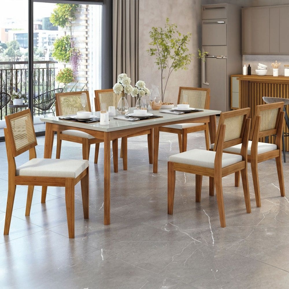Mesa de Jantar 6 Lugares Monalisa Rainha com Vidro Marrom Naturall/Off White - Nesher