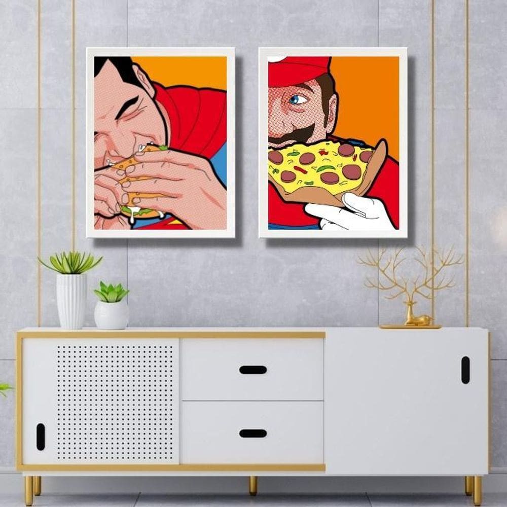 Kit 2 Quadros Super Herois Comendo Lanches 45X34Cm