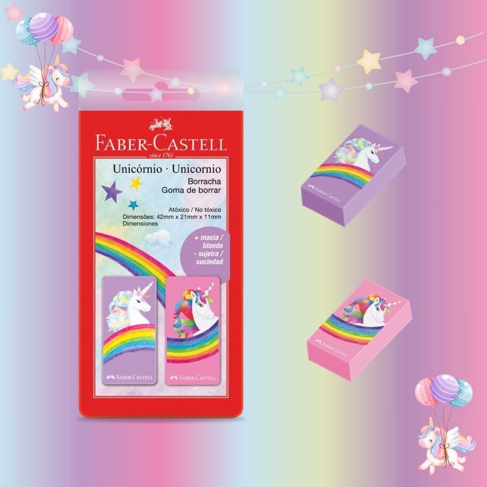 Borracha Escolar Unicórnio Colorida Decorada Blister 2 Unidades Faber Castell