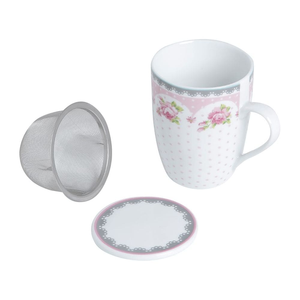 Caneca de Porcelana Branca com Rosa Super White com Tampa e Filtro 310ml 2178 - Lyor
