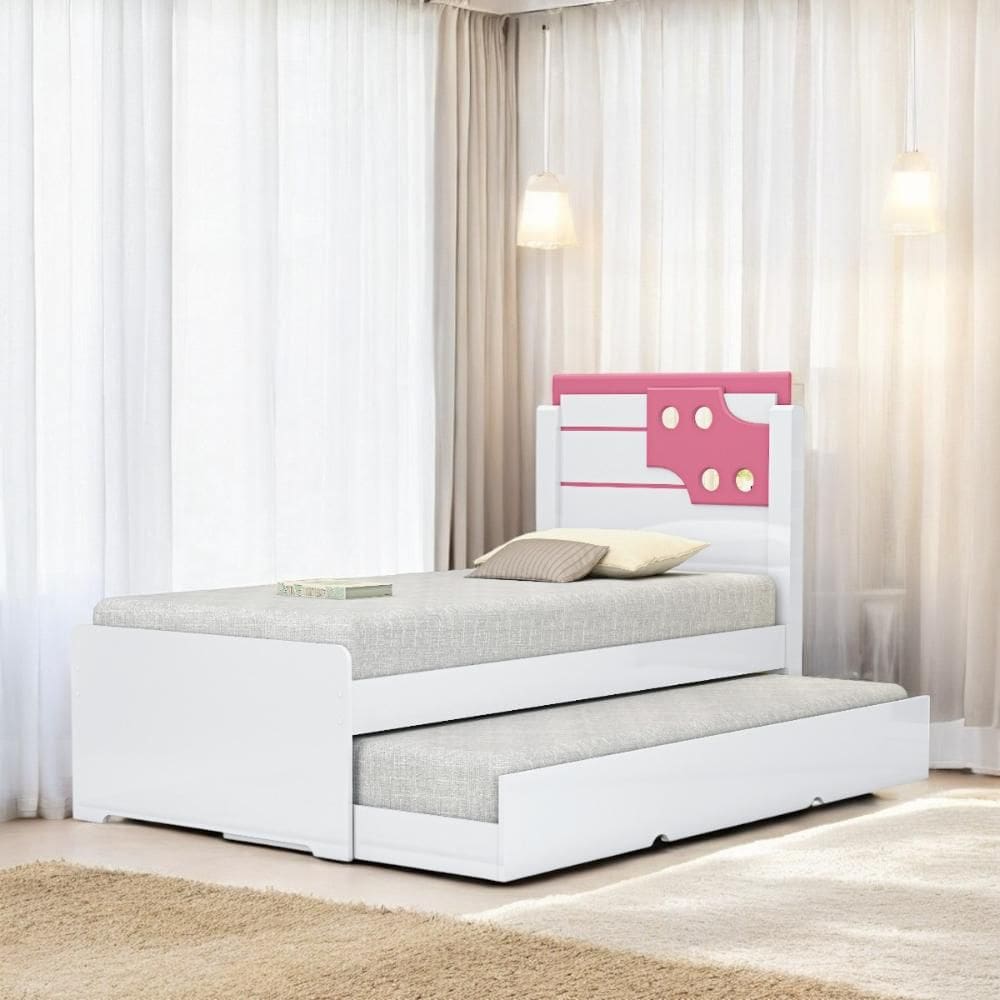 Cama Bibox Solteiro com Aplique Luiza Branca e Rosa