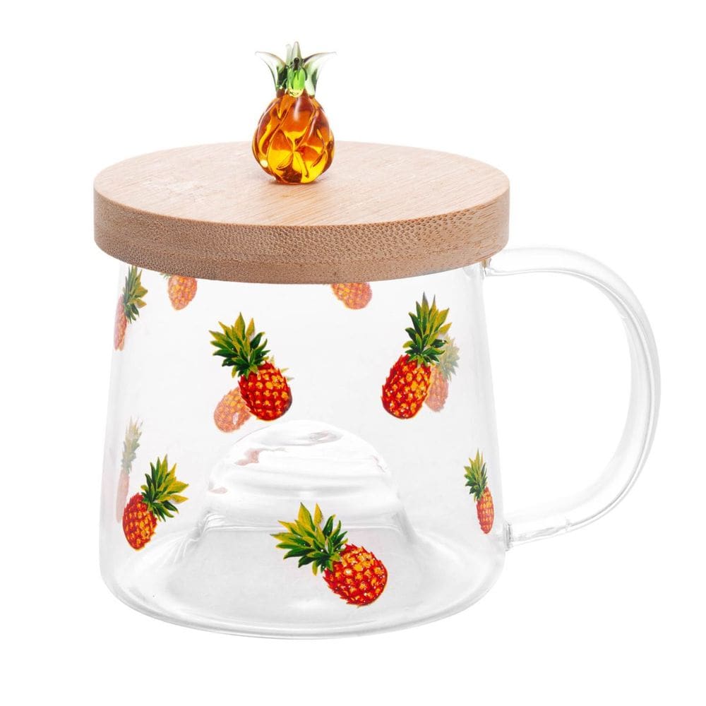 Caneca de Vidro Borossilicato Resistente ao Calor com Pires de Bambu Abacaxi 330ml 5706 - Lyor
