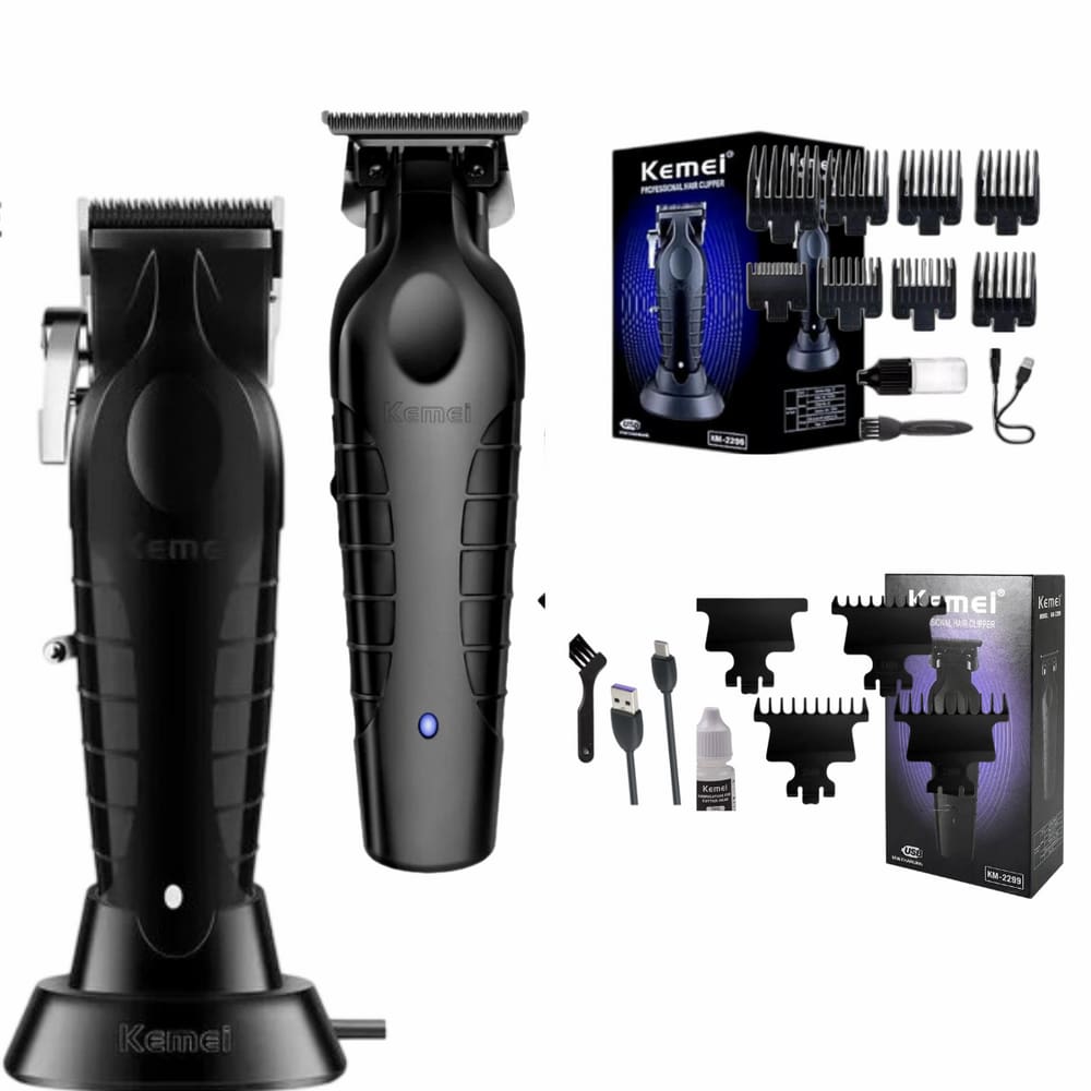 Kit Maquina Cortar Cabelo E Acabamento Kemei Km2296 E Km2299