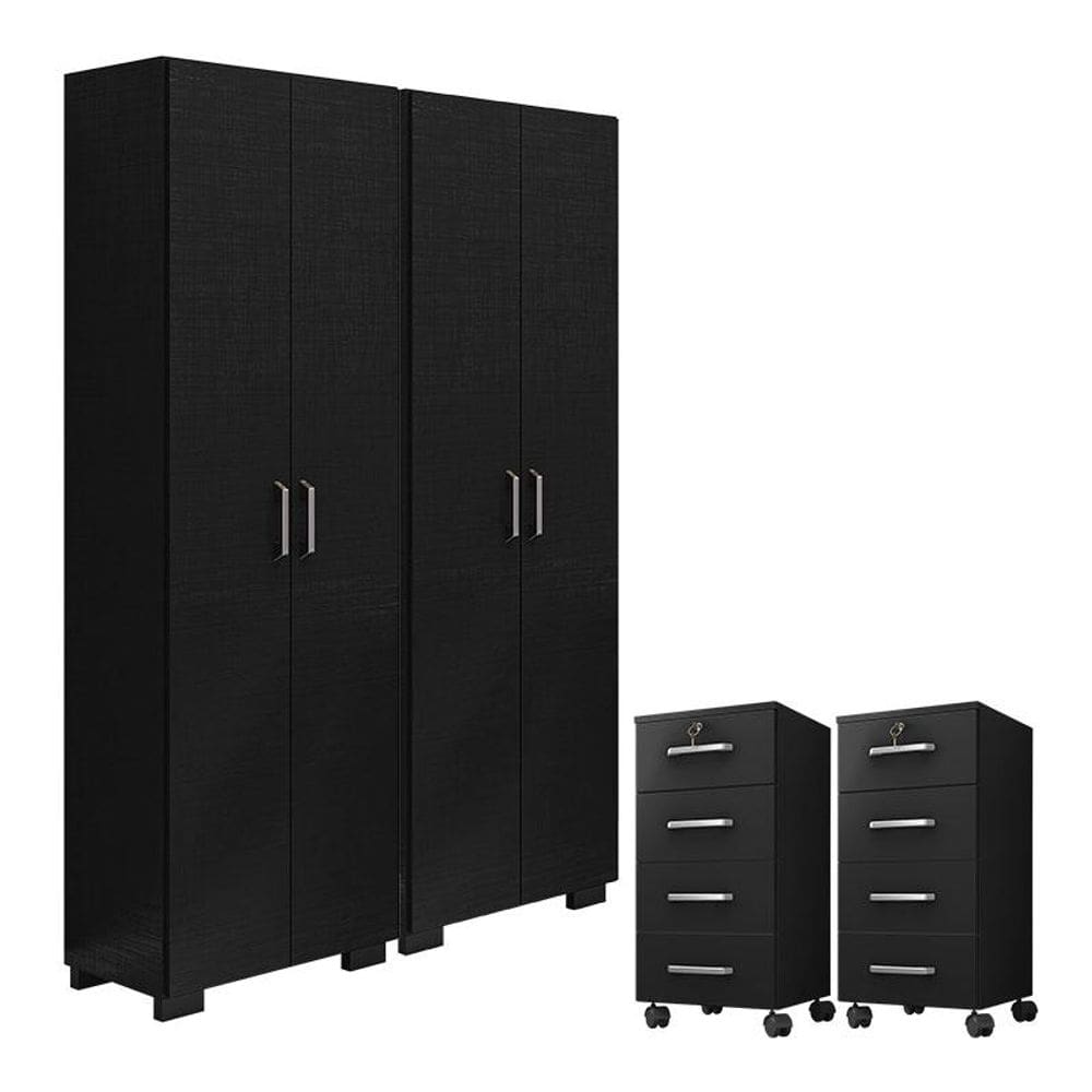 Kit 2 Gaveteiros para Escritório Gávea com Chave e 2 Livreiros Office com Portas Grandes Preto Fosco - Móveis Leão