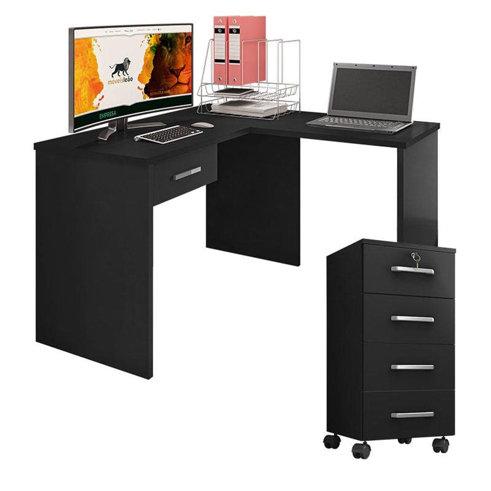Mesa para computador com Gaveta e Extensora e Gaveteiro Gávea com Chave 4 Gavetas Preto Fosco - Móveis Leão