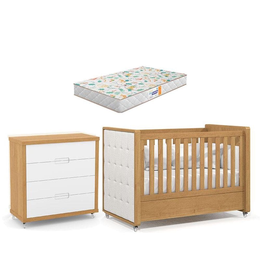 Berço Americano com Capitonê New Boucle e Cômoda Gaveteiro Infantil Tutto New Freijó e Colchão Gazin - Matic