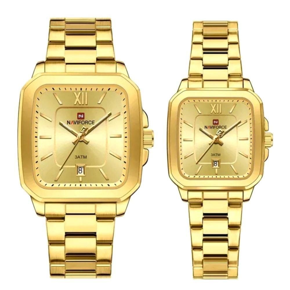 Relogios De Pulso Analógico Conjunto De Casal Em Aço Inoxidavel Design Quadrado Impermeavel Dourado