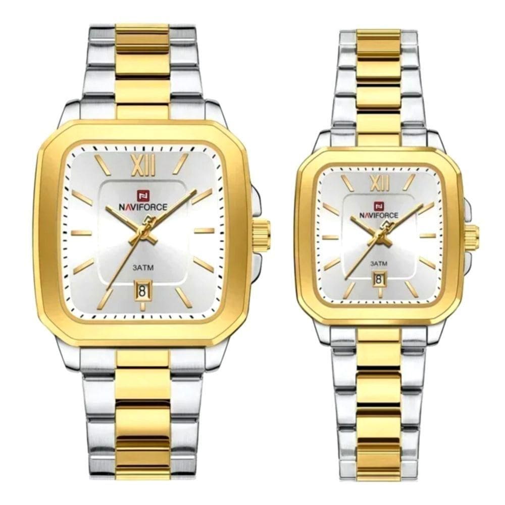 Relogios De Pulso Analógico Conjunto De Casal Em Aço Inoxidavel Design Quadrado Impermeavel Prata Dourado