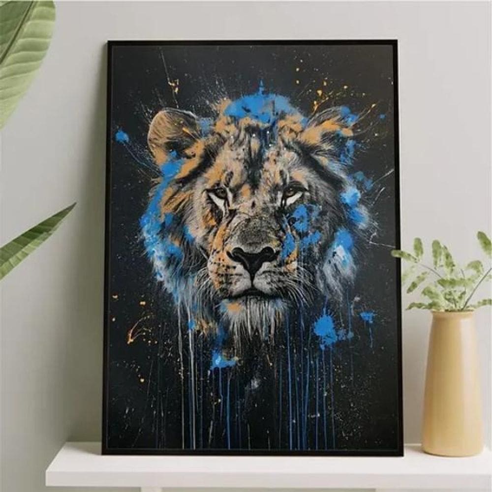 Quadro Leão Tinta Azul 24X18Cm - Com Vidro
