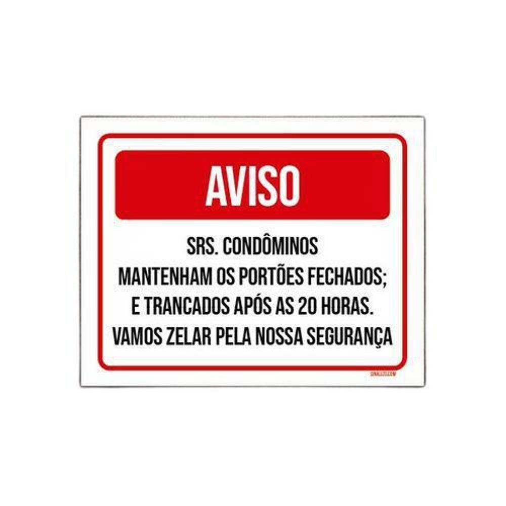 Placa Aviso Condôminos Trancado 20 Horas 18x23cm 5un
