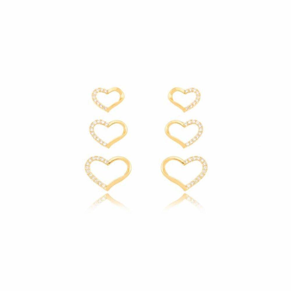 Brinco Trio Coração Micro Zircônia Banhado Em Ouro 18K