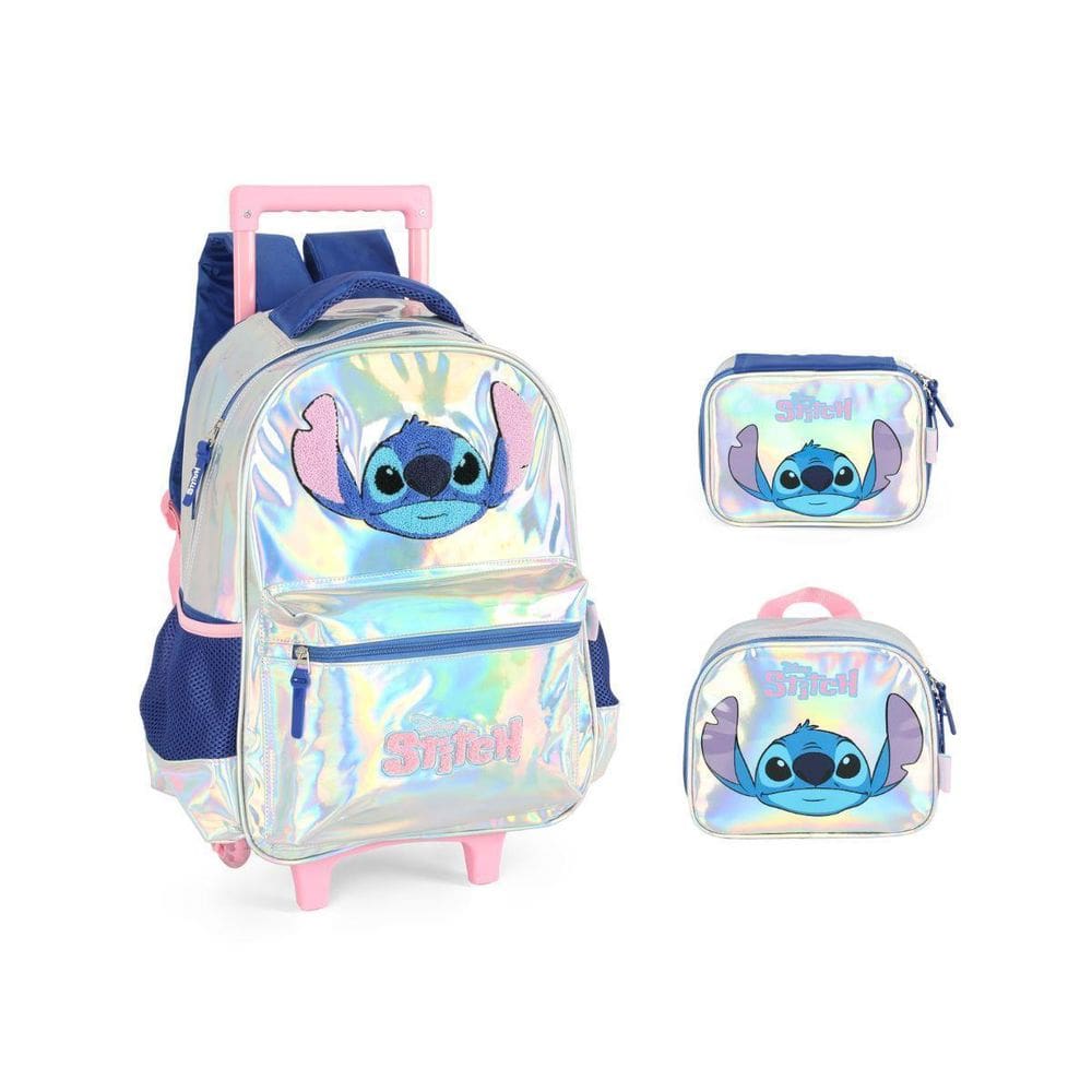 Kit Mochila De Rodinha Estojo E Lancheira Prata Stitch