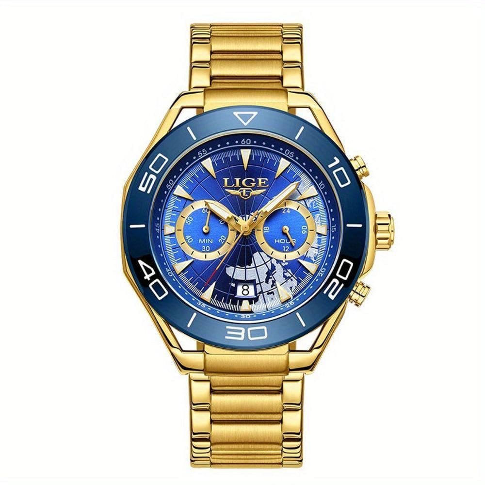 Relógio De Quartzo Para Homens Multifuncional Estilo Casual Com Pulseira De Aço Inoxidável Azul Dourado