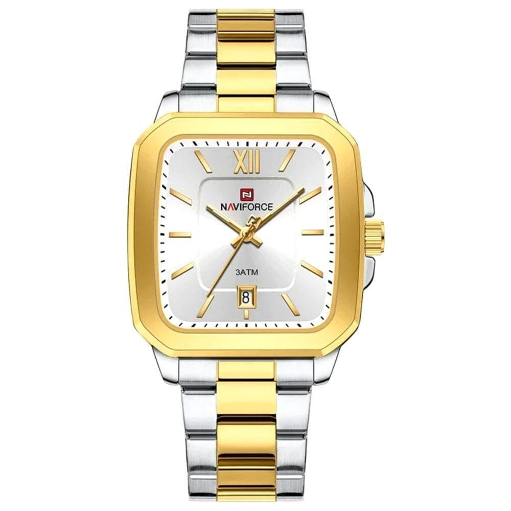 Relógio De Quartzo Masculino Casual Mostrador Quadrado Em Aço Inoxidável Impermavel Branco Dourado