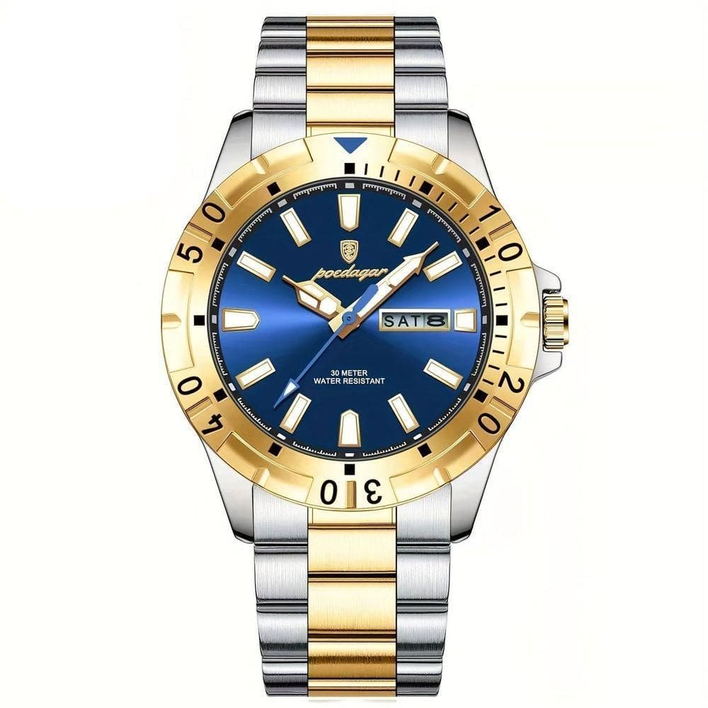 Relógio Masculino Impermeável Pulseira De Aço Inoxidável Movimento Quartzo Estilo Casual Azul Dourado