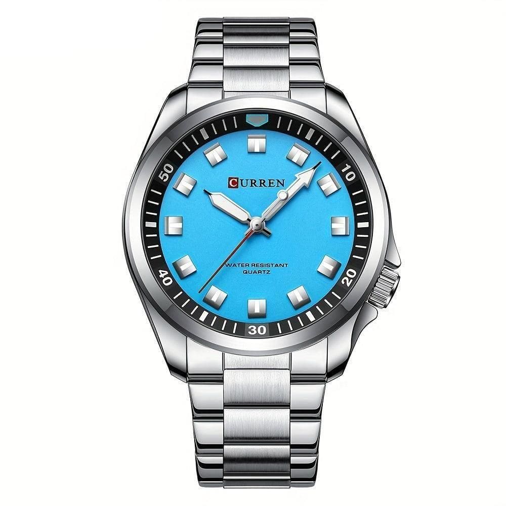 Relógio De Quartzo Masculino Pulseira De Aço Inoxidável Resistente à água 30m Esportivo Prata Azul