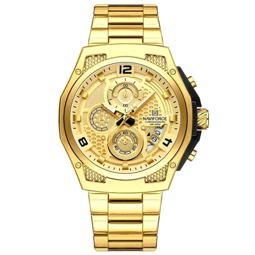 Relógio Masculino Esportiivo De Quartzo Em Aço Inoxidável Multifuncional Impermeavel Dourado