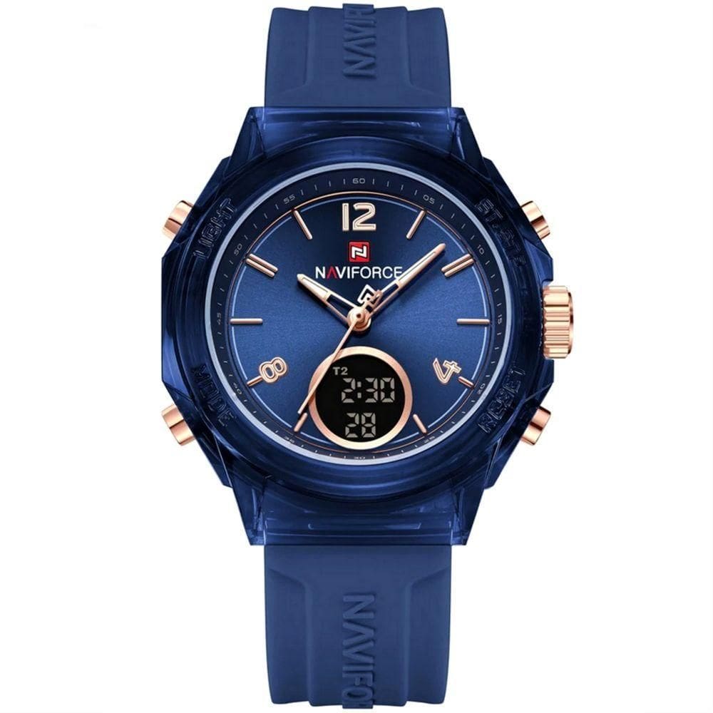 Relógio Feminino Display Duplo Design Fashion Retro De Quartzo Mostrador Redondo Luminoso Azul Marinho