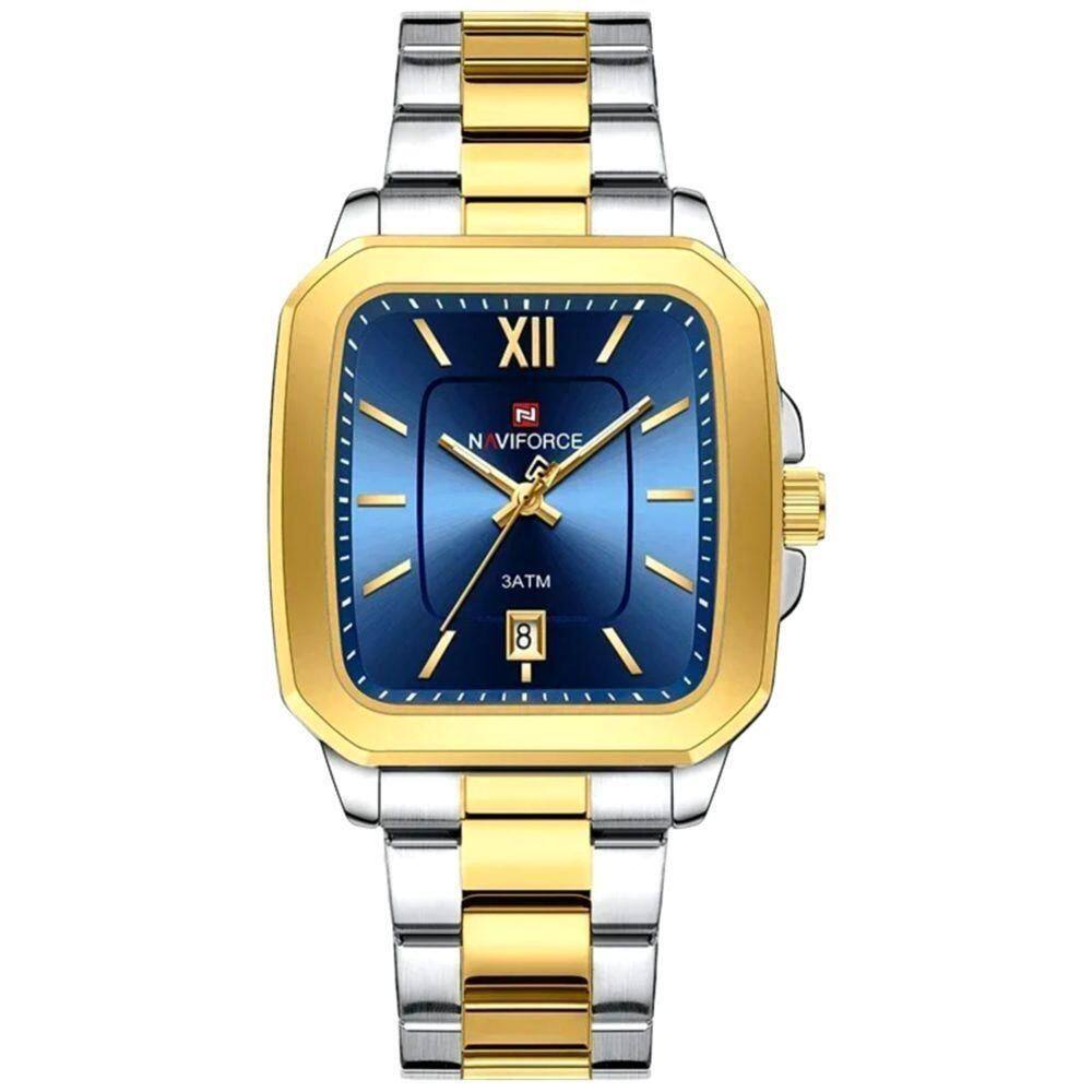 Relógio De Quartzo Masculino Casual Mostrador Quadrado Em Aço Inoxidável Impermavel Azul Dourado