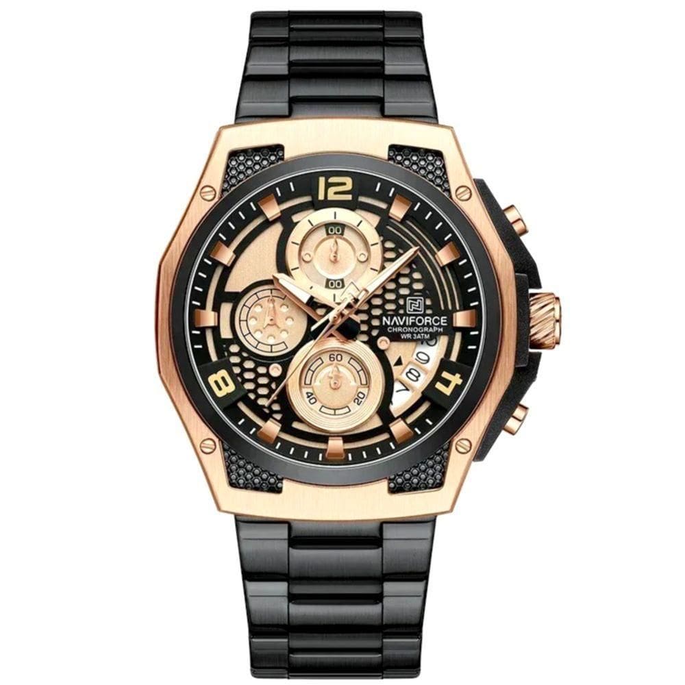 Relógio Masculino Esportiivo De Quartzo Em Aço Inoxidável Multifuncional Impermeavel Preto Dourado