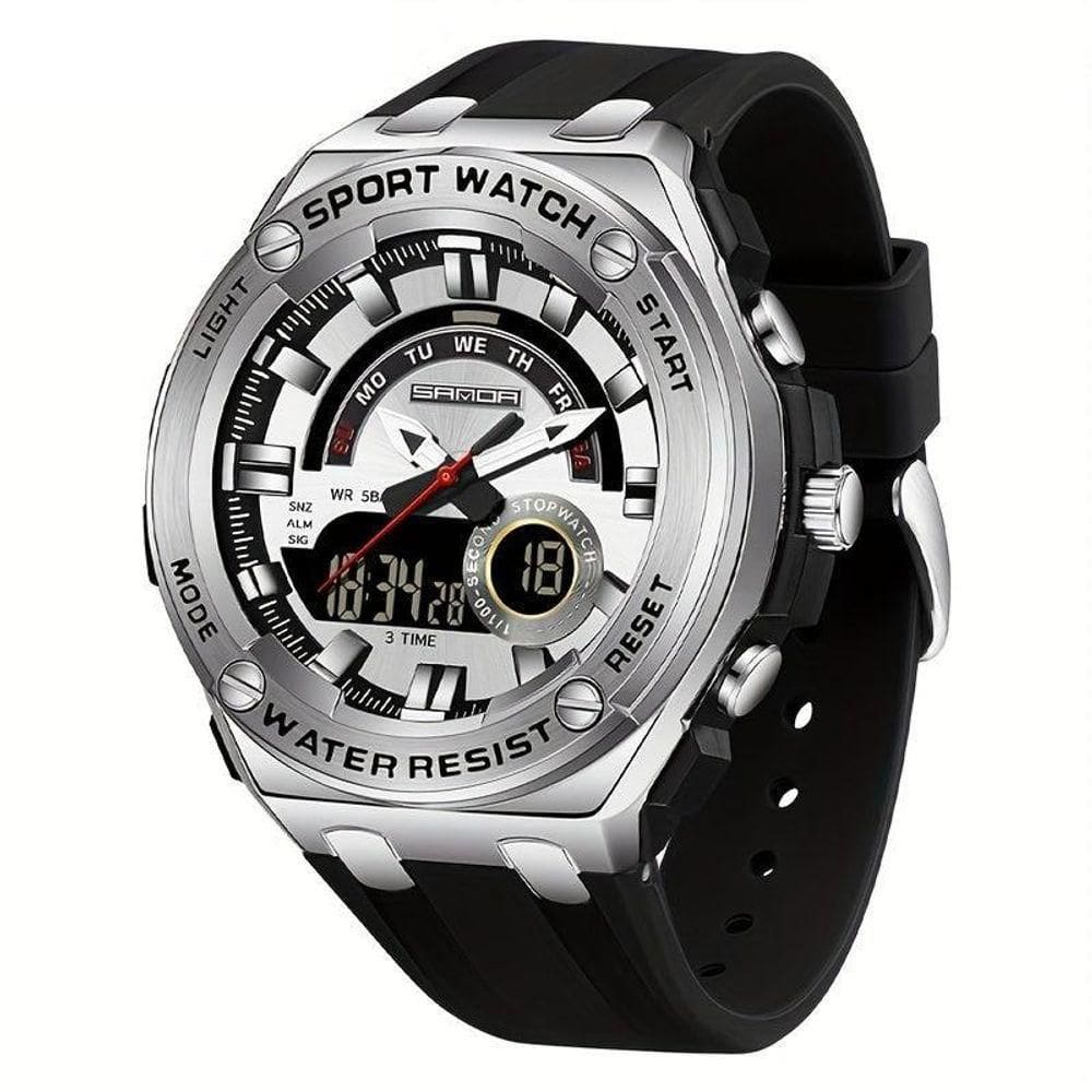 Relógio De Pulso Masculino à Prova D`água 50m Esportivo Multifuncional Com Pulseira De Silicone Preto Prateado